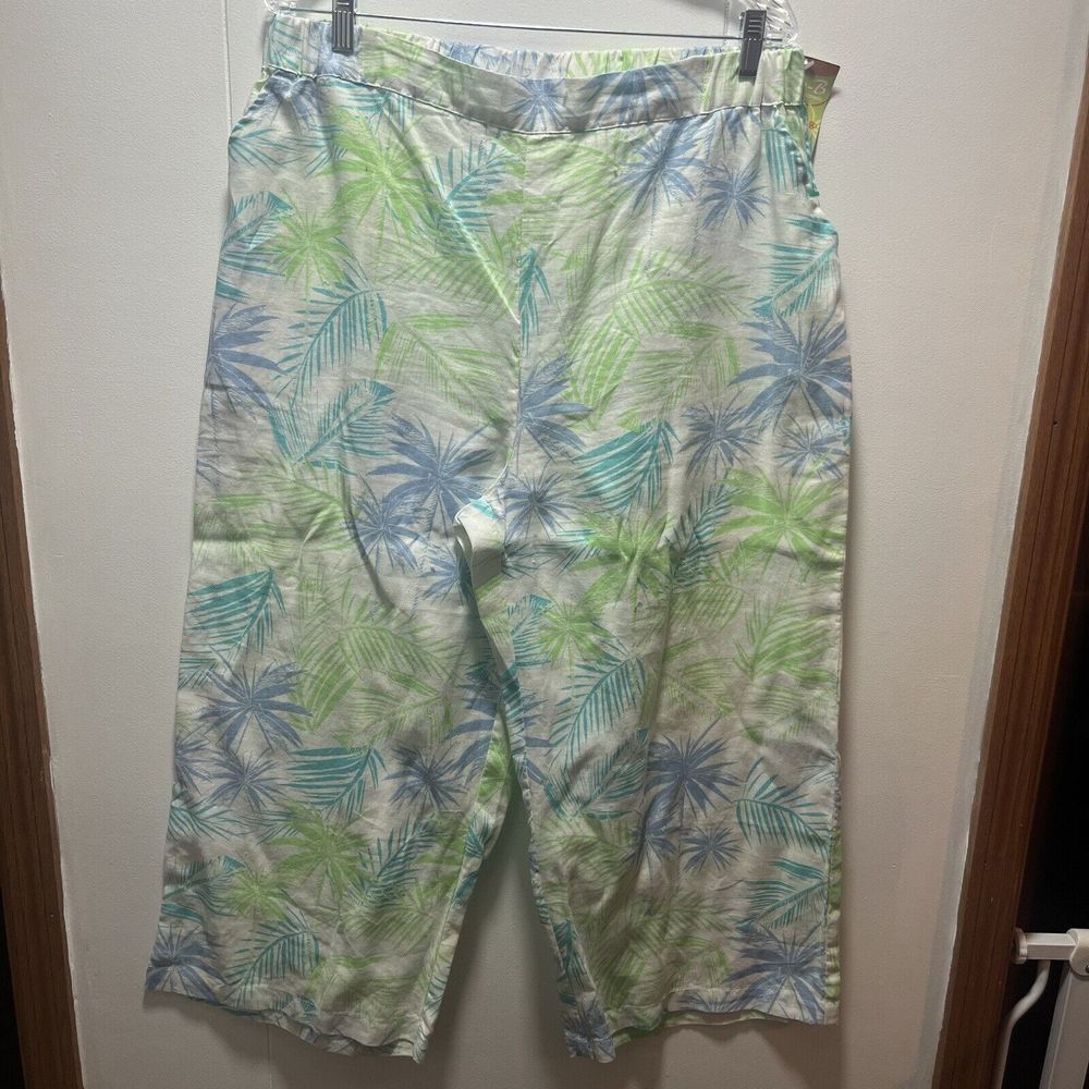 Lulu B Blue Capri 100% Linen Pants Colorful Palm Trees NEW‎